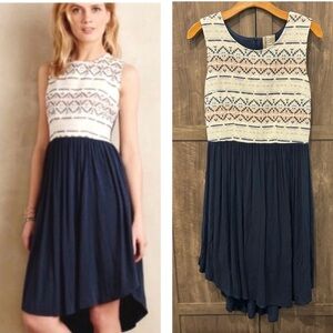 Anthropologie Dolan Left Coast Medium Sabado Embroidered Dress Blue Cream Sz L